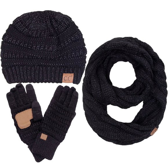 C.C 3pc Metallic Knit Beanie Gloves Scarves Set main image 4